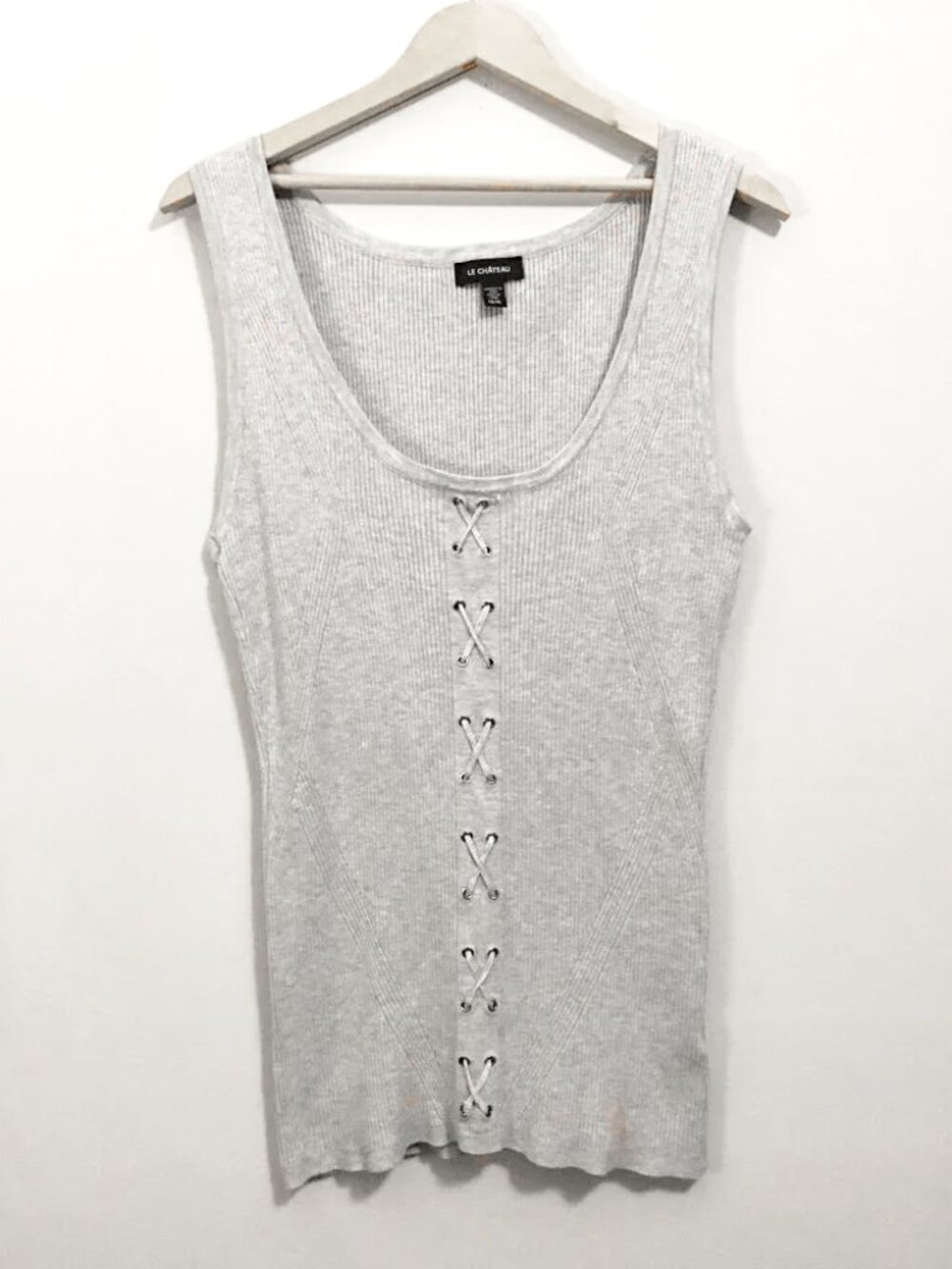 Le Château Y2K Vintage Stretchy Grey Lace Up Ribbed Tank Top XL